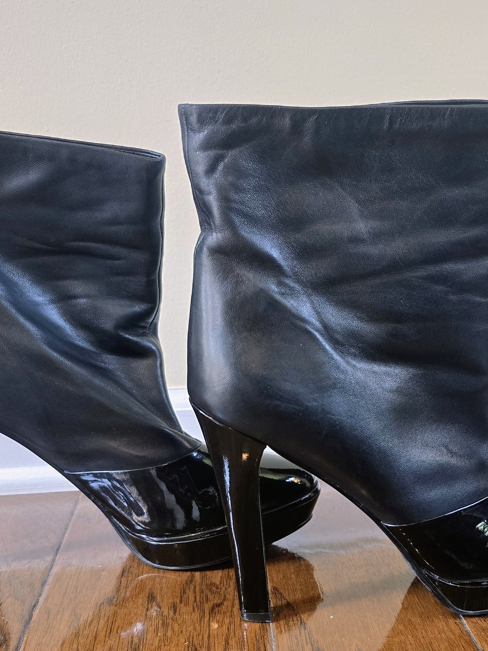 Black Leather Platform Ankle Boots with Patent Heel